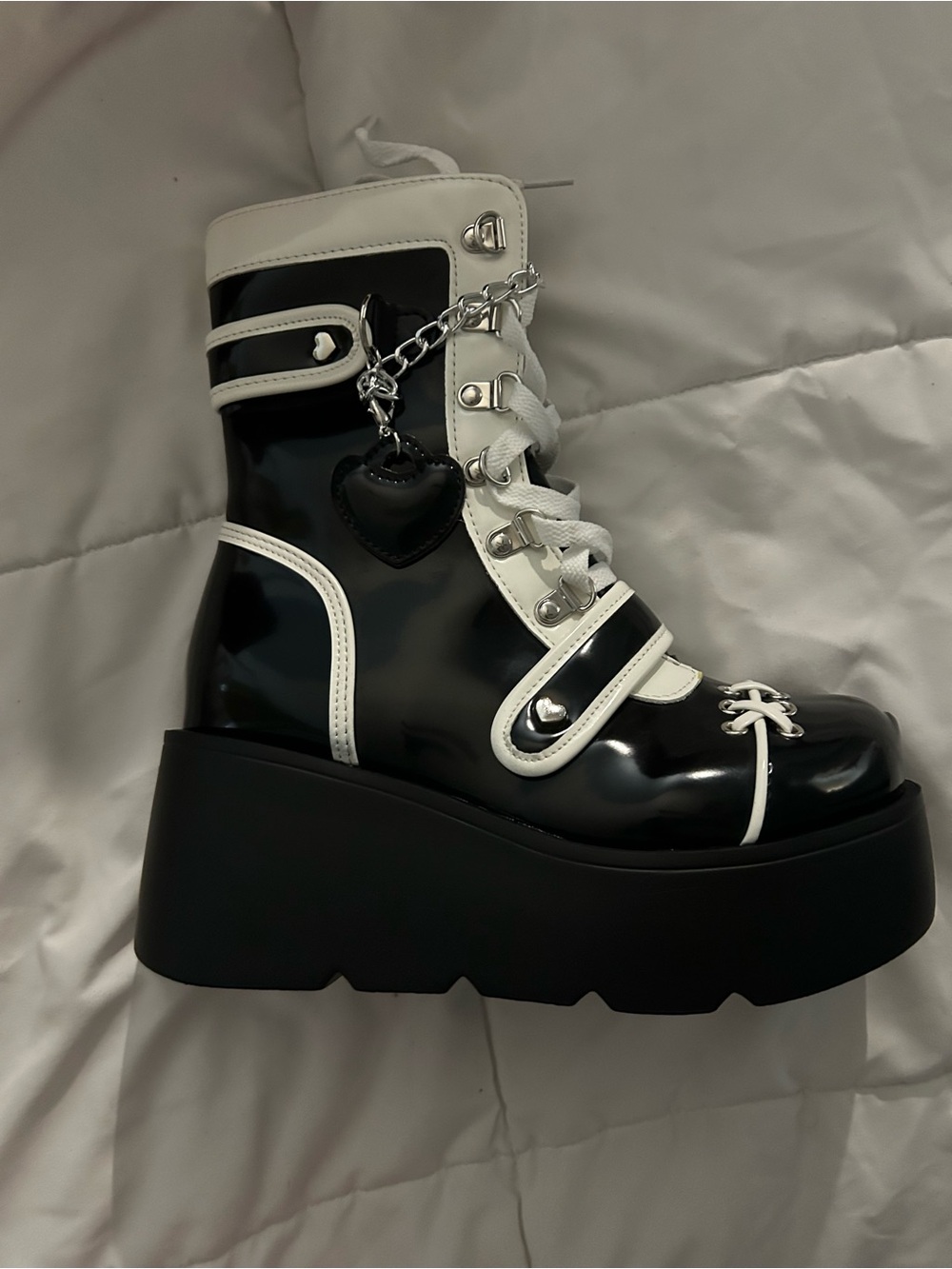 Gothic Platform Lace-Up Ankle Boots with Heart Charm - Black & White